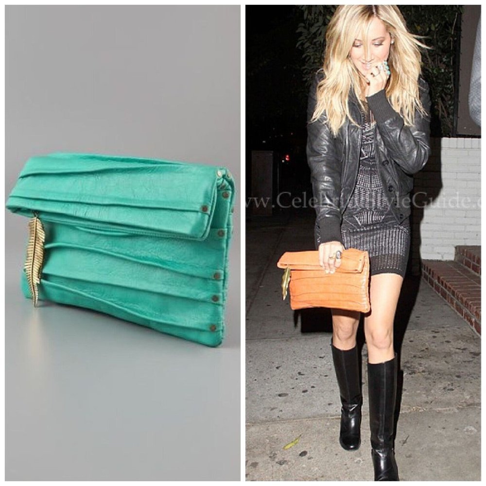 Cleobella Wenona Clutch Bag Teal Pleated Leather Feather Zipper Purse